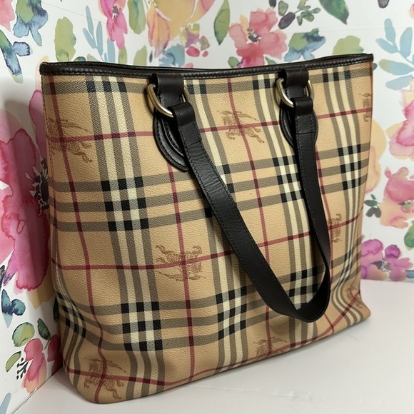 💯Authentic  BURBERRY HAYMARKET CHECK TOTE BAG LEATHER  HANDBAGS WOMEN🍀 - Picture 6 of 17